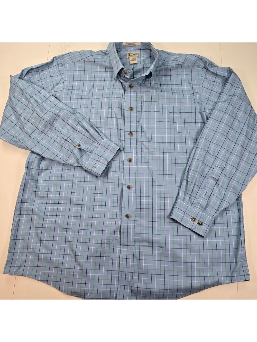 L L Bean Wrinkle Resistant Traditional Fit Shirt Blue Plaid XL Reg